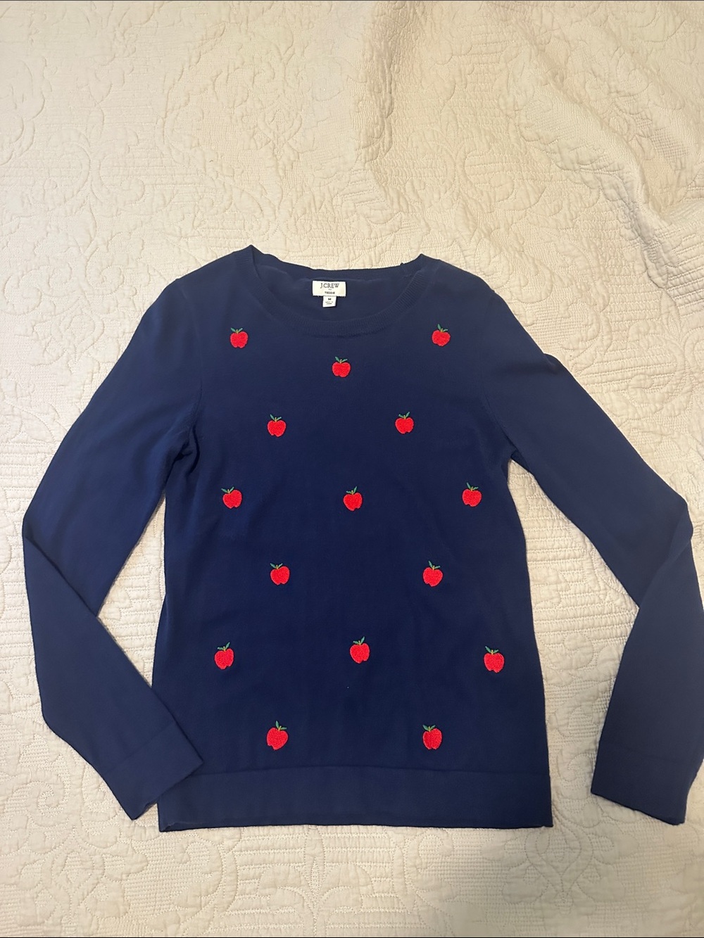 J. Crew Navy Teddie Sweater Blhue with Red Apple Embroidery size M